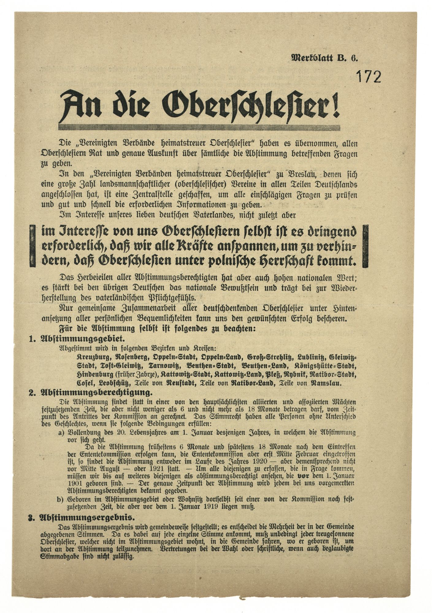 Aufruf zur Volksabstimmung in Oberschlesien