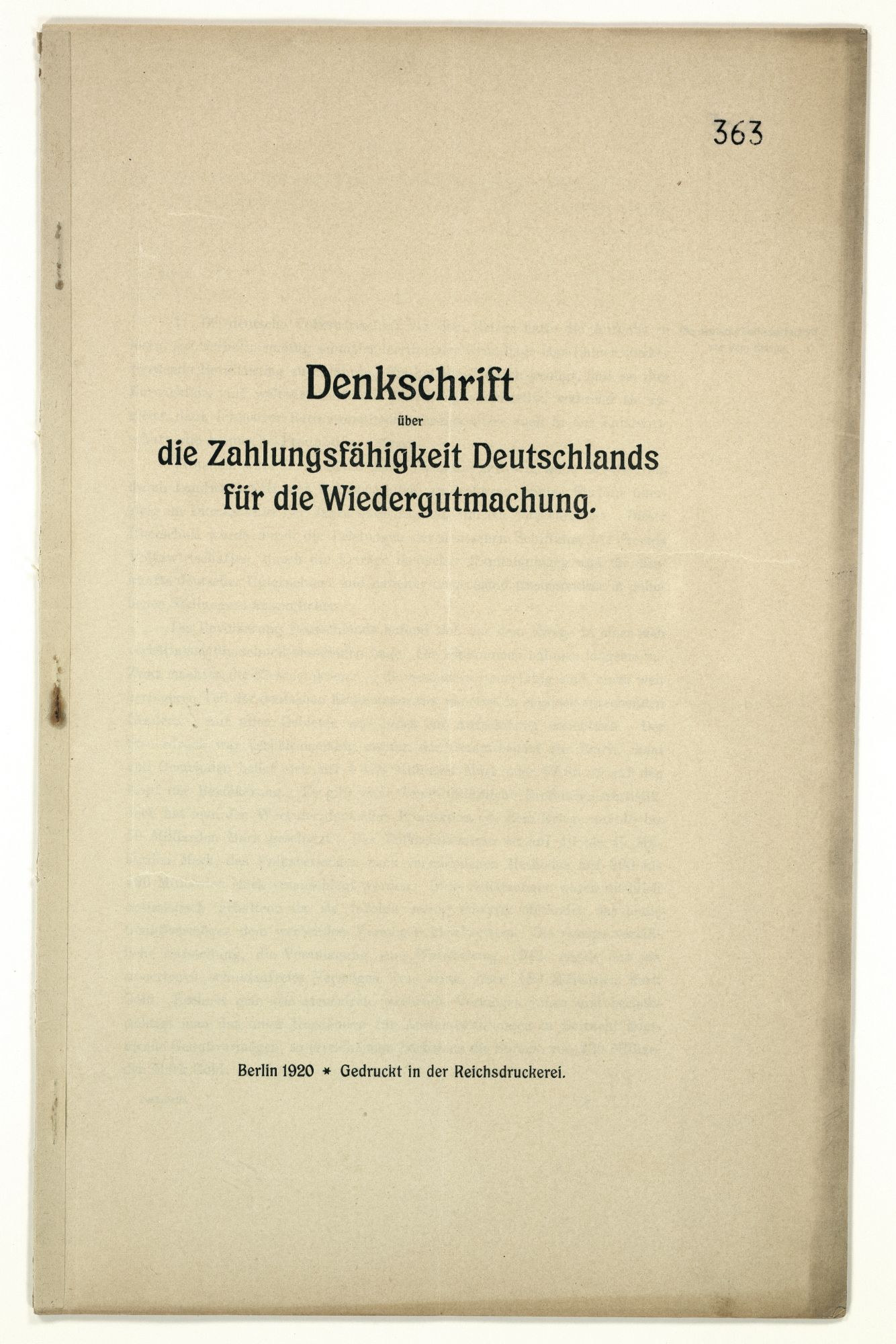 Denkschrift der Reichsregierung über die Zahlungsfähigkeit Deutschlands für die Wiedergutmachung
