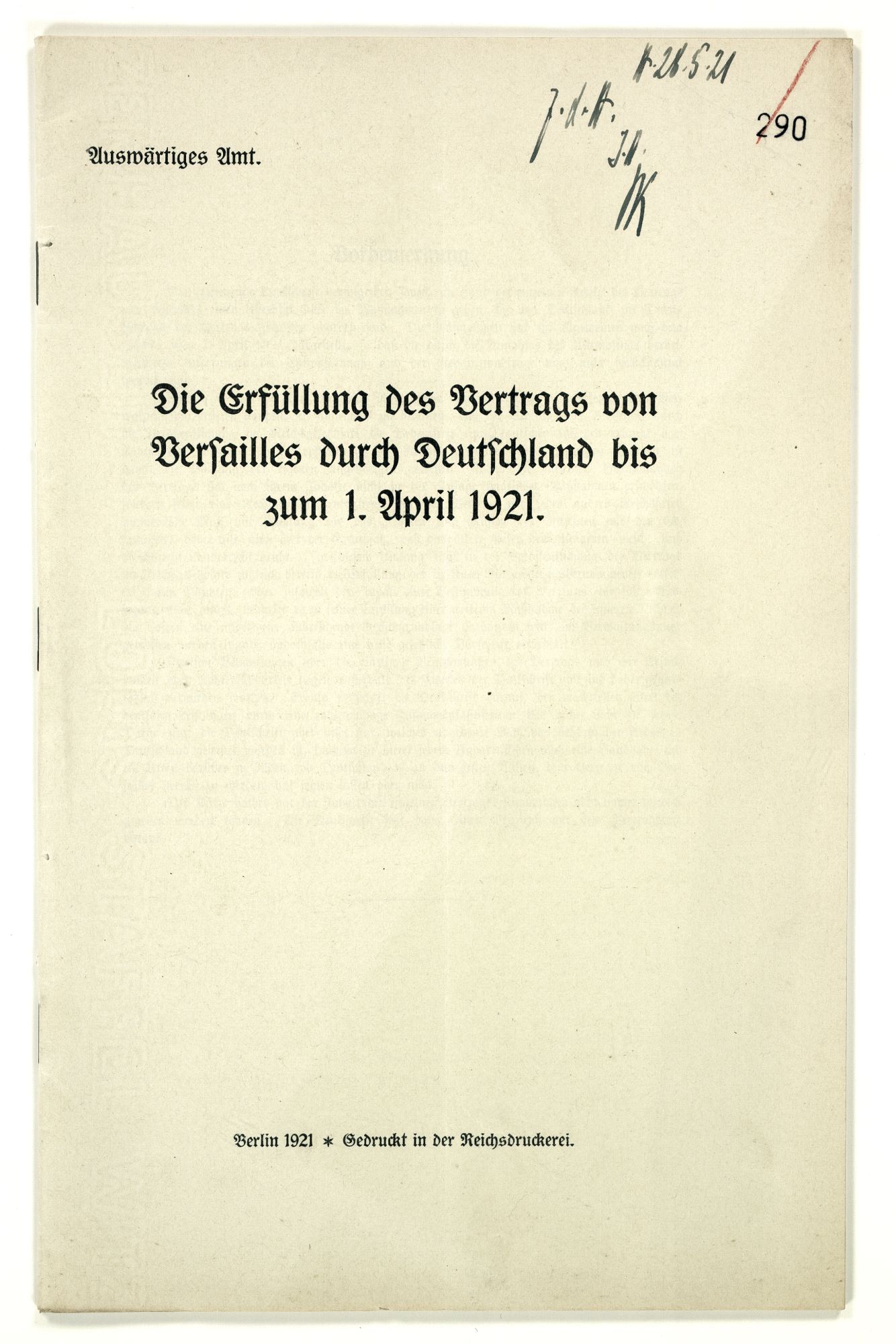 Denkschrift des Auswärtigen Amts zur Erfüllung des Vertrags von Versailles