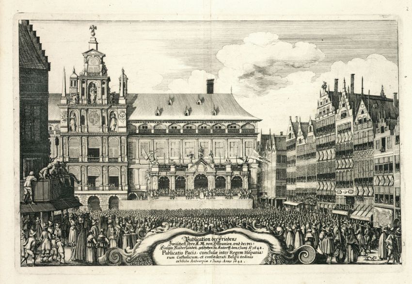 Volksauflauf anlässlich der Publikation des Friedensschlusses zwischen Spanien und den Vereinigten Niederlanden am 5. Juni 1648 in Antwerpen

