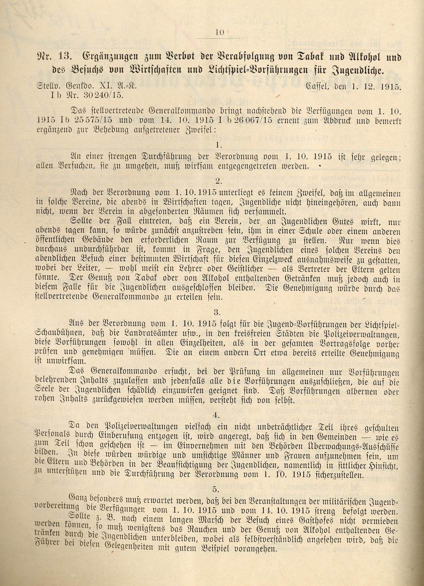 Verbot der Verabfolgung von Tabak und Alkohol und des Besuchs von Wirtschaften und Lichtspiel-Vorführungen für Jugendliche, 1. Dezember 1915, in: Kriegs-Korps-Verordnungs-Blatt für den Bereich des XI. Armeekorps Cassel Nr. 2 vom 4. Dezember 1915
