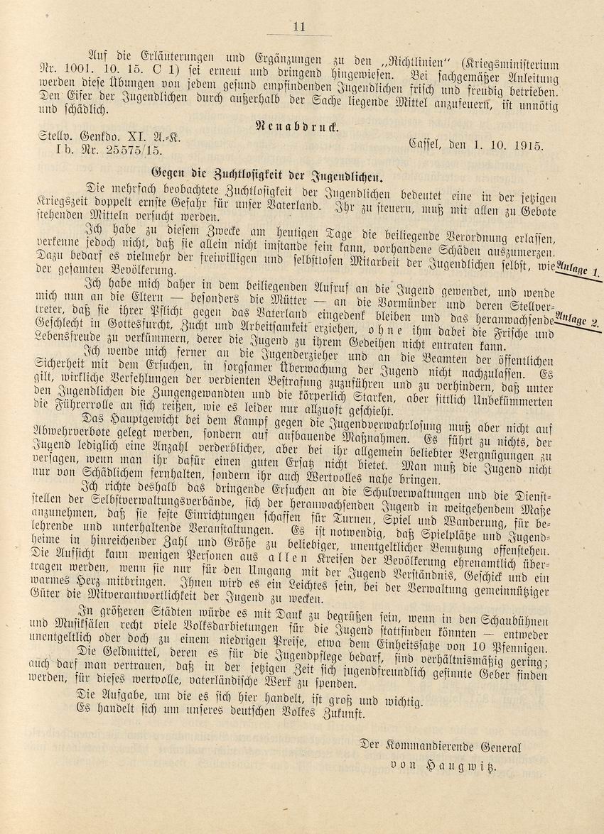 Verbot der Verabfolgung von Tabak und Alkohol und des Besuchs von Wirtschaften und Lichtspiel-Vorführungen für Jugendliche, 1. Dezember 1915, in: Kriegs-Korps-Verordnungs-Blatt für den Bereich des XI. Armeekorps Cassel Nr. 2 vom 4. Dezember 1915