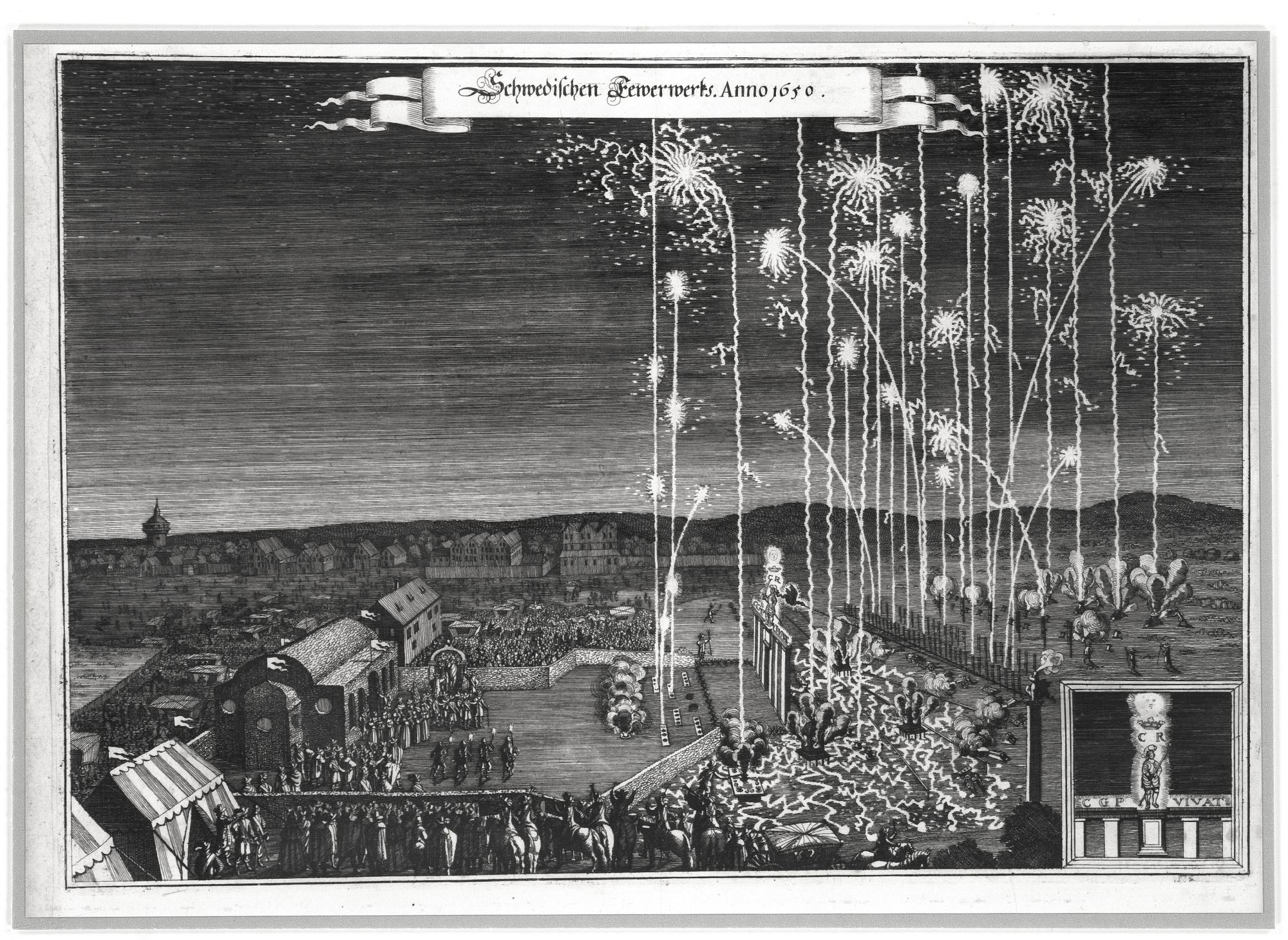 Schwedisches Feuerwerk im Rahmen des Nürnberger Friedensfests 1650
