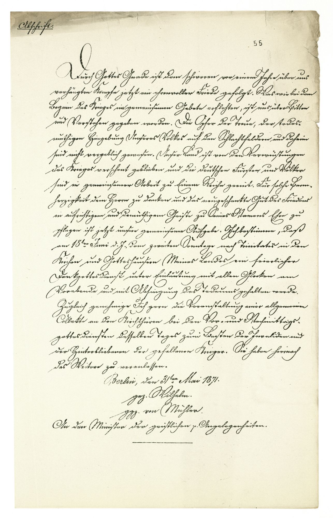 Abschrift eines kaiserlichen Erlasses über die Abhaltung von Dankgottesdiensten anlässlich des Friedensschlusses von Frankfurt vom 10. Mai 1871