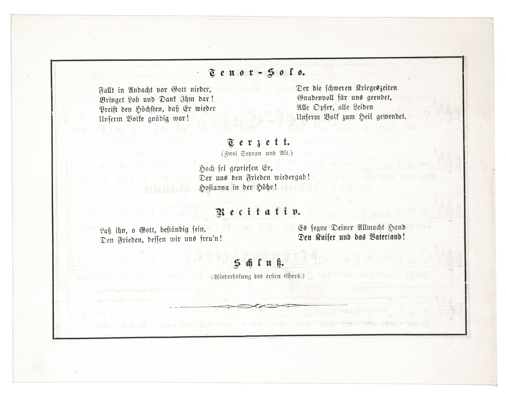 Programm zur Hanauer Friedensfeier am 15. März 1871 anlässlich der Beendigung des deutsch-französischen Krieges 1870/71