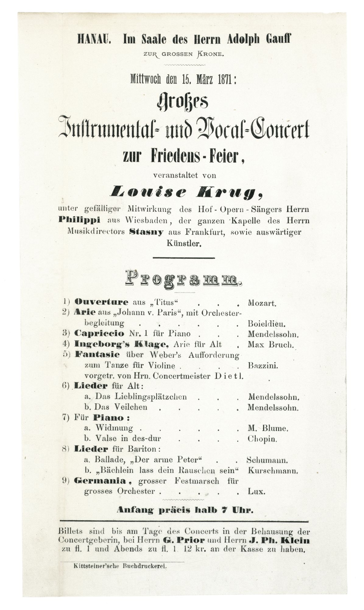 Programm zur Hanauer Friedensfeier am 15. März 1871 anlässlich der Beendigung des deutsch-französischen Krieges 1870/71