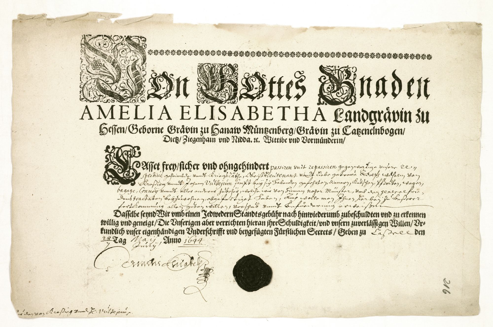 Pässe der Landgräfin Amalia Elisabeth von Hessen-Kassel und ihrer Kriegsräte