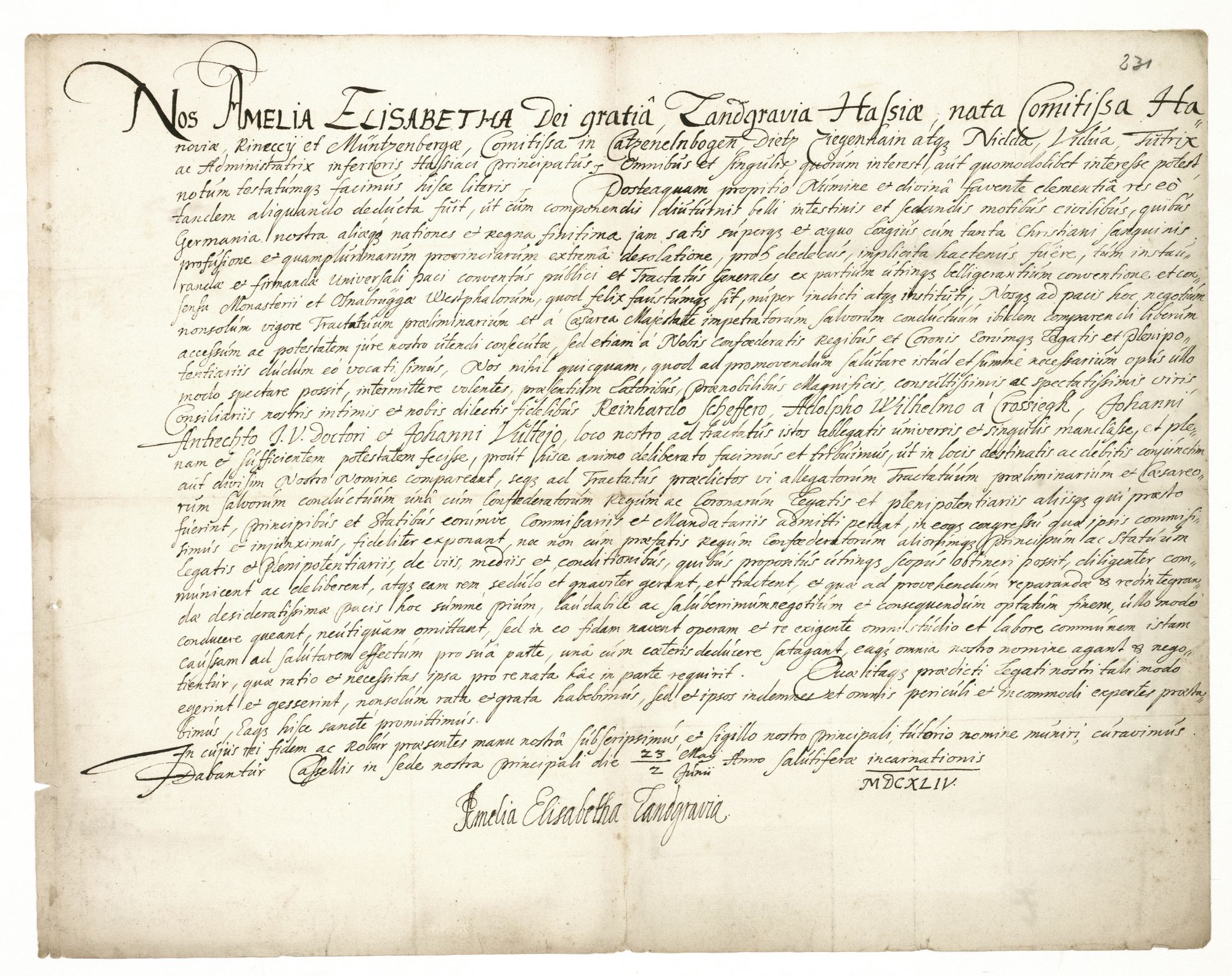 Entwurf eines Beglaubigungsschreibens der Landgräfin Amalia Elisabeth von Hessen-Kassel für ihre Gesandten Reinhard Scheffer, Adolf Wilhelm von Krosigk, Johann Antrecht und Johann Vultejus.