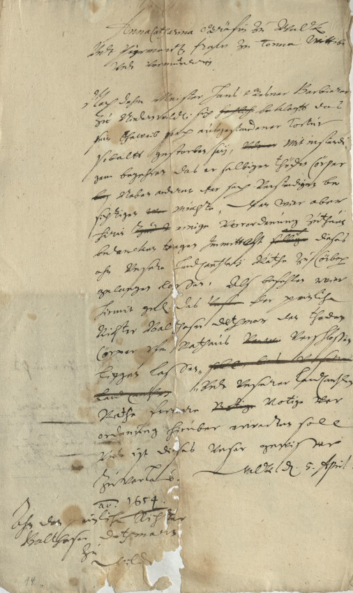 Gesuch des Barbiermeisters Hans Kesner um Beerdigung seiner Frau, 1654