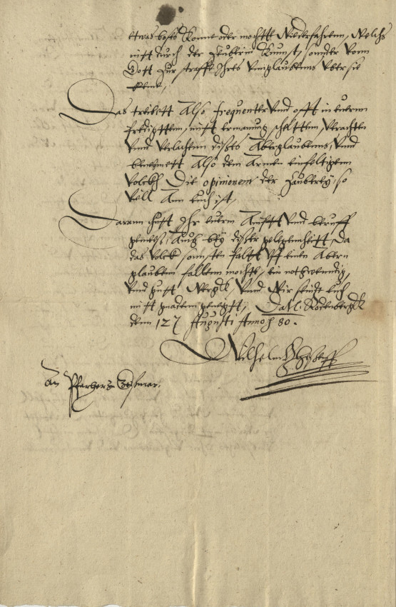 Schreiben Landgraf Wilhelms IV. an den Pfarrer von Geismar, 1580