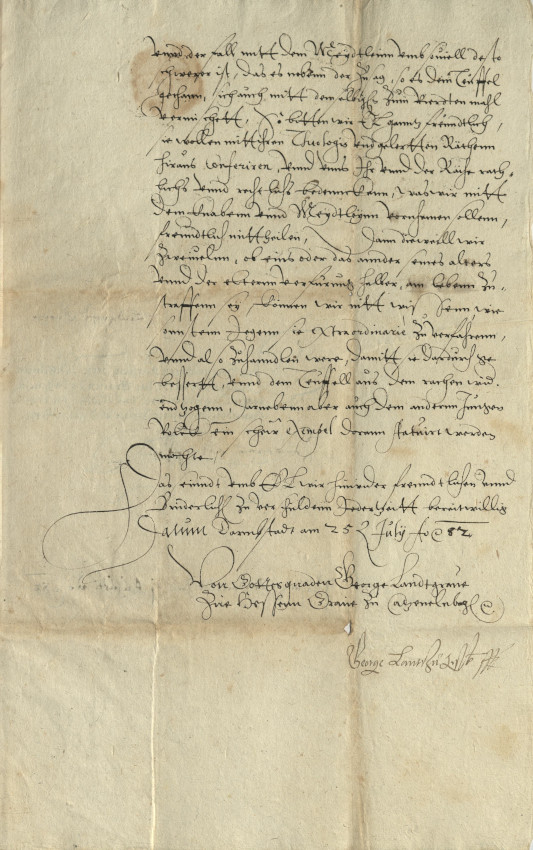 Bitte Landgraf Georgs I. von Hessen-Darmstadt an seinen Bruder Wilhelm in Kassel um Rat wegen weiteren Vorgehens gegen Zauberei, 1582