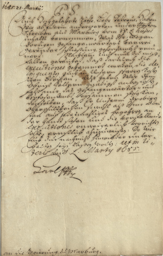 Beschwerden über den Gefangenenwärter wegen verweigerter Anschließung einer Löffeldiebin an den Pranger auf dem Marktplatz, 1685