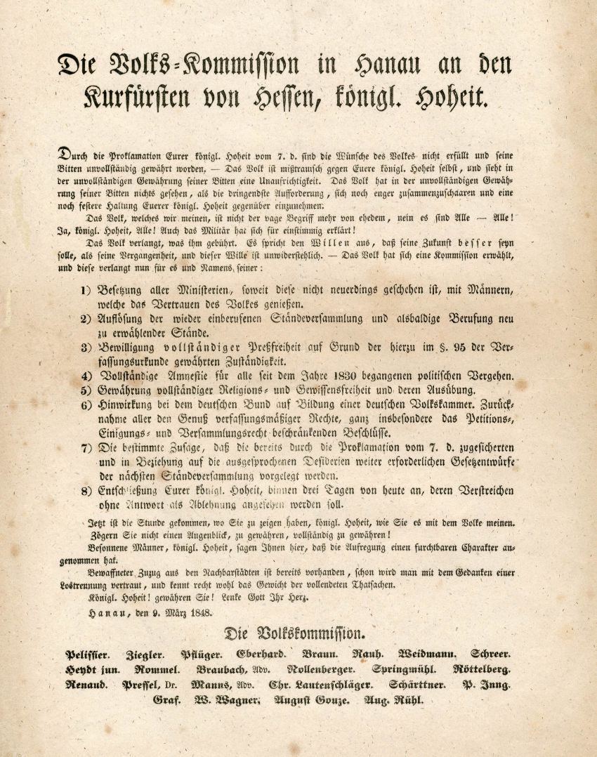 Die Volks-Kommission in Hanau an den Kurfürsten von Hessen
