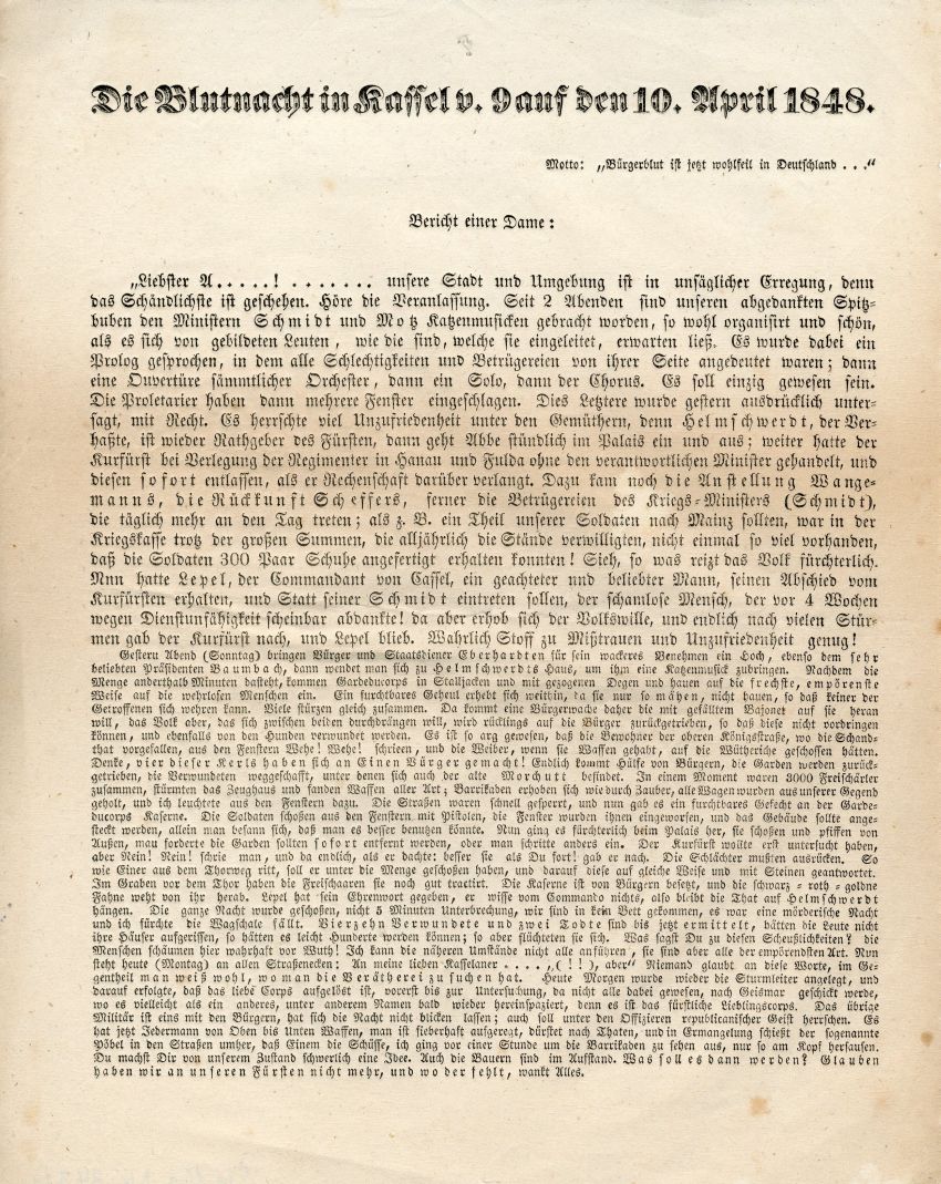 Die Blutnacht in Kassel v. 9. auf den 10. April 1848