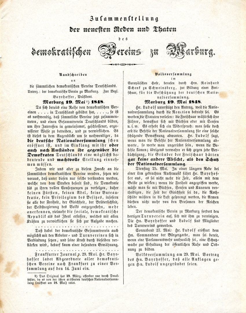 Zusammenstellung der neuesten Reden und Taten des demokratischen Vereins zu Marburg