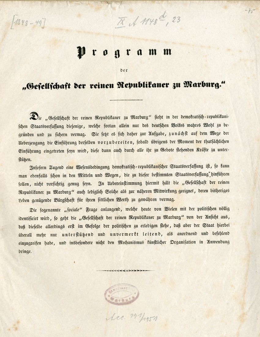 Programm der "Gesellschaft der reinen Republikaner zu Marburg"
