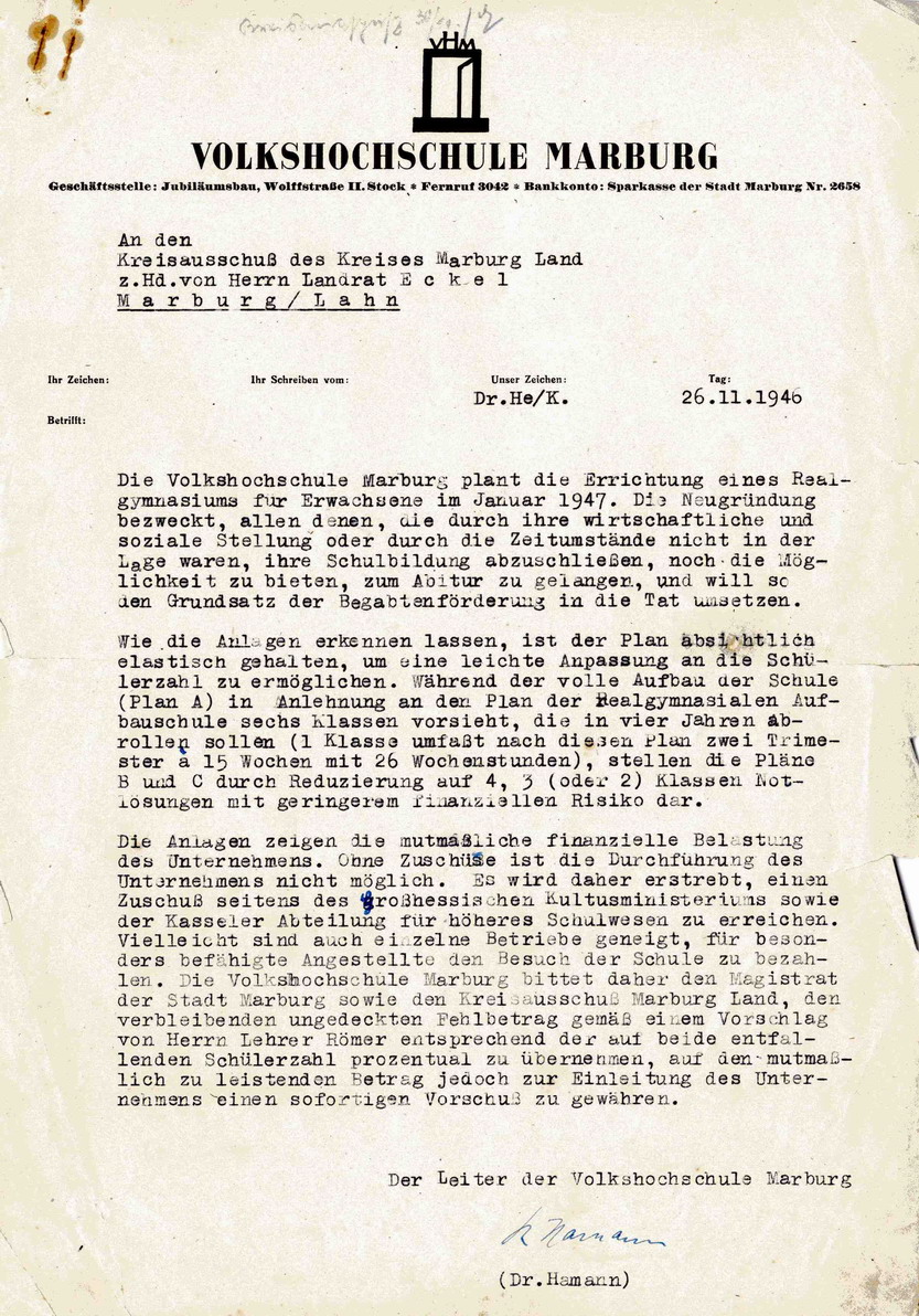 Schreiben des Leiters der Volkshochschule Marburg, Dr. Richard Hamann, an Landrat August Eckel wegen des geplanten Realgymnasiums für Erwachsene, 26. November 1946