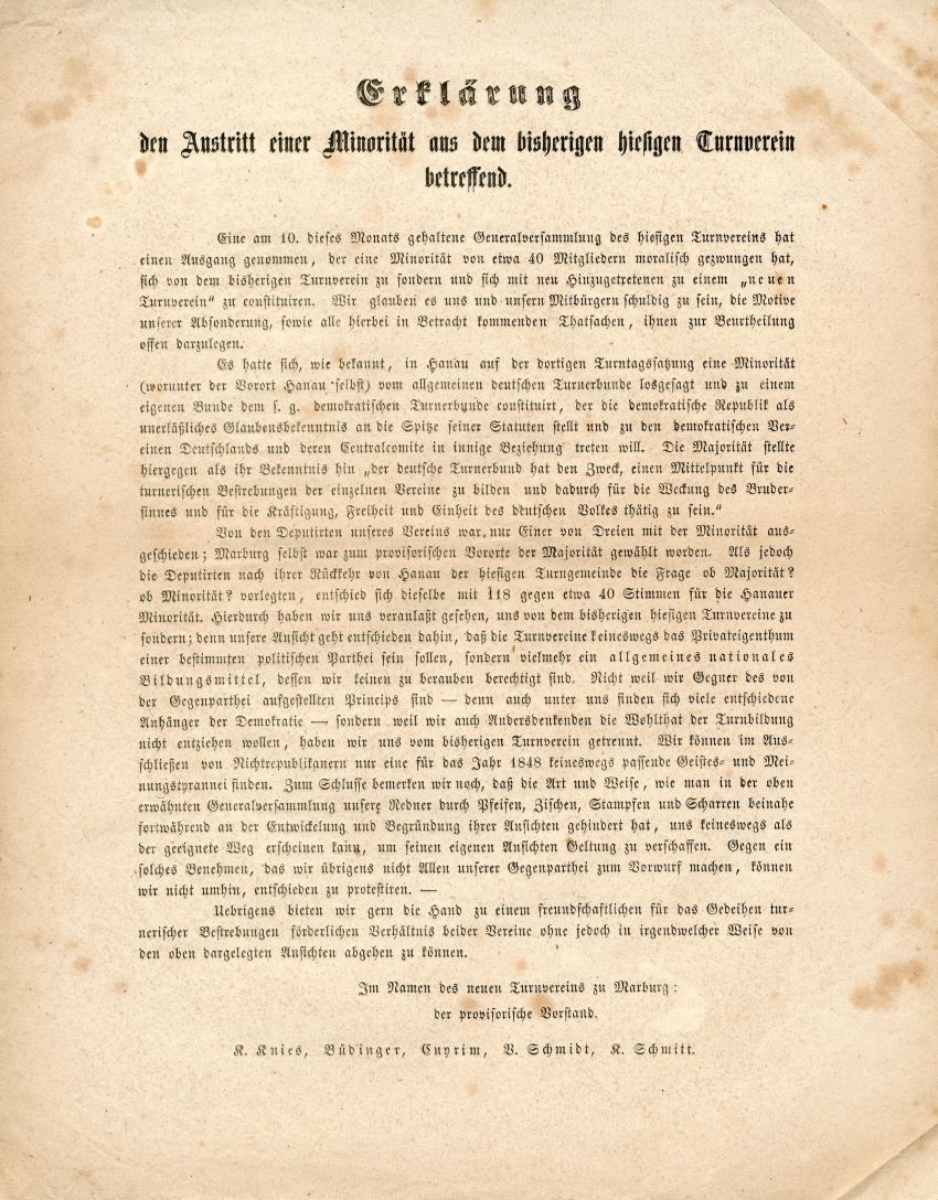 Erklärung den Austritt einer Minorität aus dem bisherigen hiesigen Turnverein betreffend