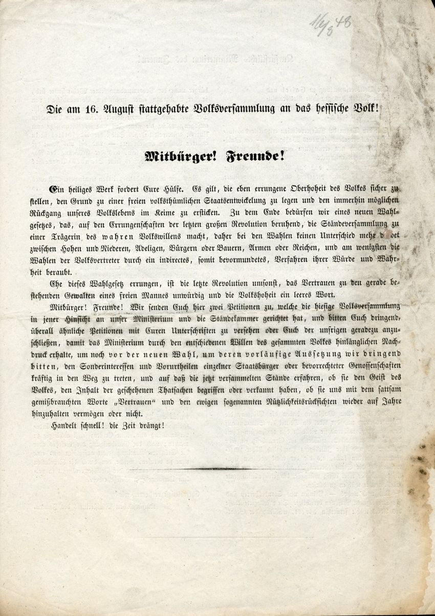 Petitionen zum kurhessischen Wahlrecht an das Innenministerium und den Landtag