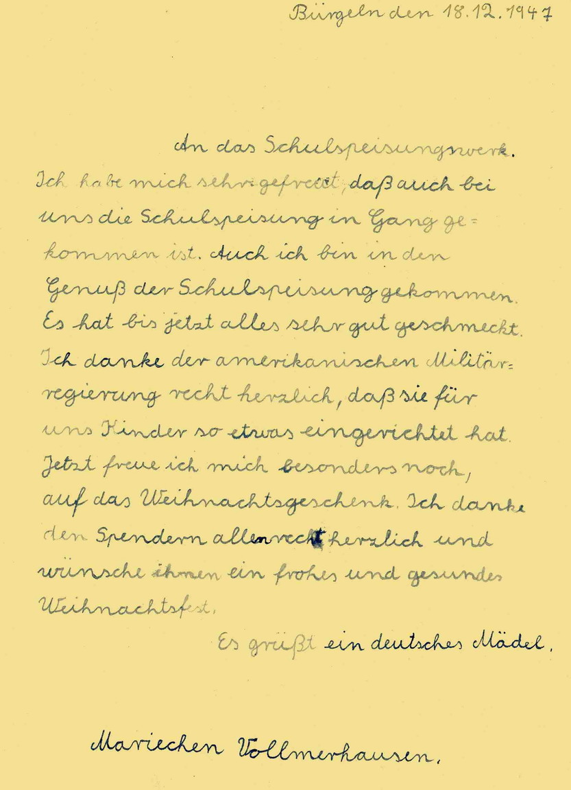 Dankesbriefe von Schulkindern für die Schulspeisung, 1947
