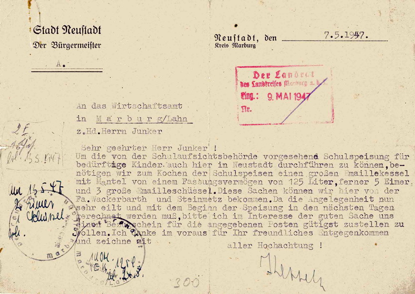 Bitte des Neustädter Bürgermeisters um Bezugsschein für einen Kochkessel beim Wirtschaftsamt Marburg, 7. Mai 1947