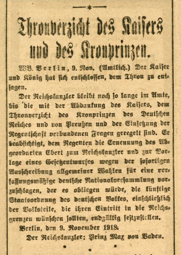 Artikel der Oberhessischen Zeitung über die Abdankung Wilhelms II. 