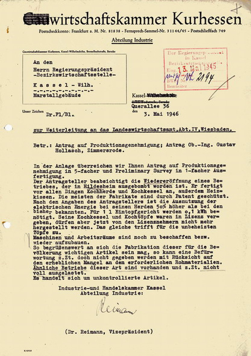 Dr. Reimann, Vizepräsident der Wirtschaftskammer Kurhessen, an die Bezirkswirtschaftsstelle des Regierungspräsidiums Kassel, 3. Mai 1946