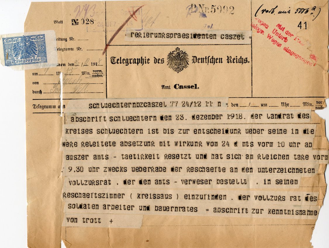 Telegramm des Soldaten-, Arbeiter- und Bauernrates Schlüchtern an den Regierungspräsidenten
