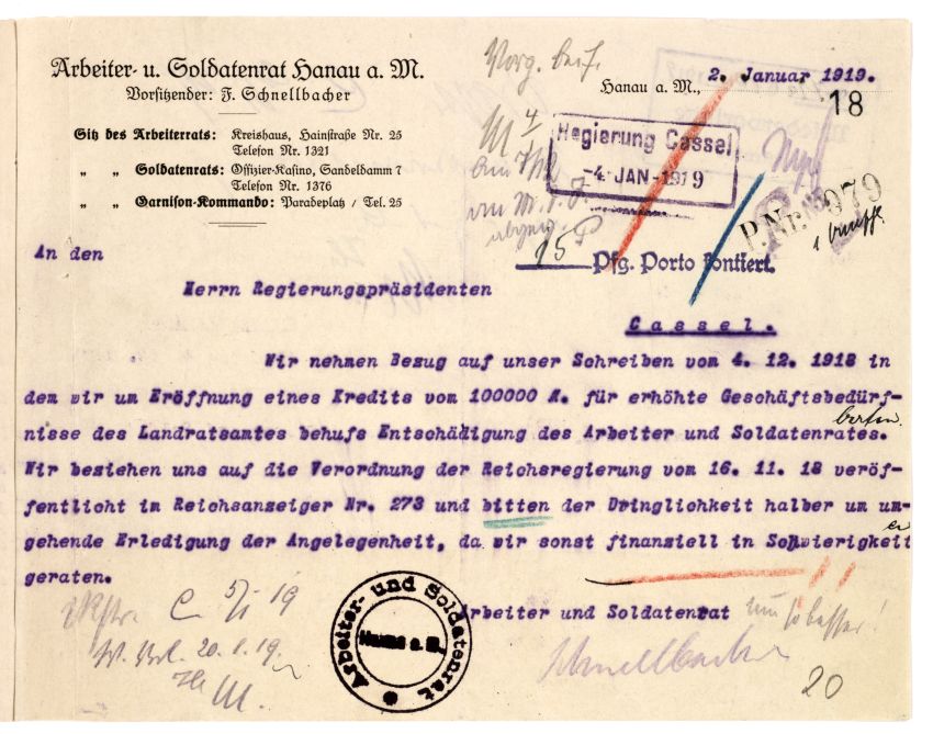 Beantragung eines Kredits durch den Arbeiter- und Soldatenrat Hanau