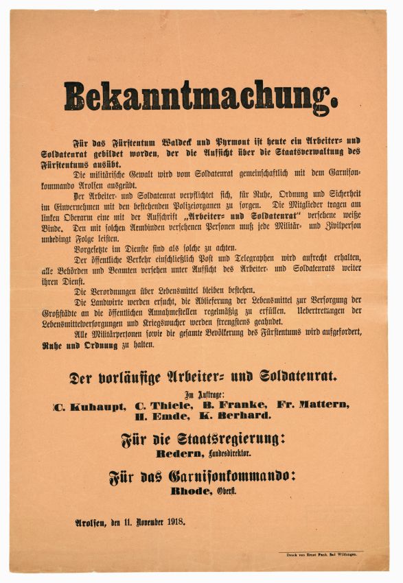 Bekanntmachung über die Bildung eines Arbeiter- und Soldatenrates für das Fürstentum Waldeck und Pyrmont