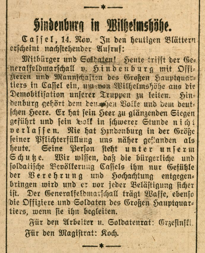 Artikel: „Hindenburg in Wilhelmshöhe“