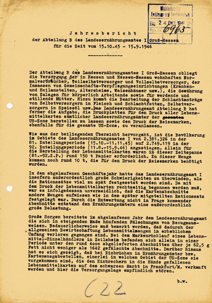 Jahresbericht der Abteilung B des Landesernährungsamtes I Groß-Hessen für die Zeit vom 15.10.1945 bis 15.9.1946