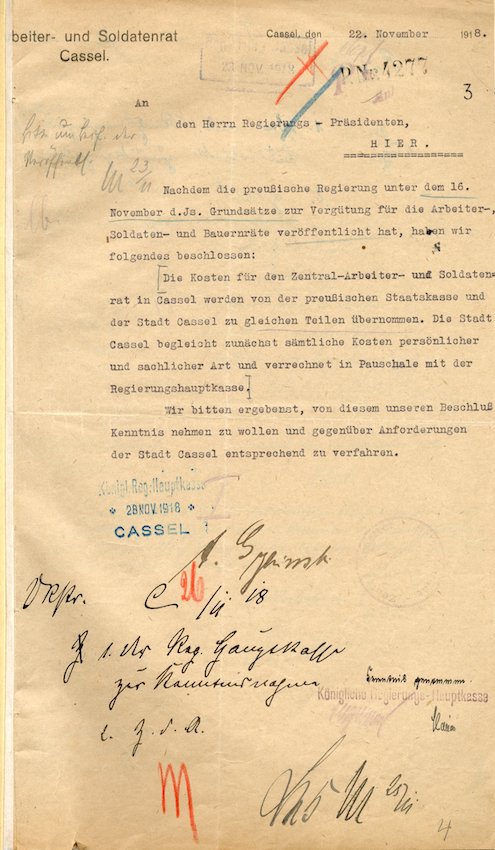 Schreiben des Zentralen Arbeiter- und Soldatenrates Kassel an den dortigen Regierungspräsidenten bezüglich der Finanzierung des Rates