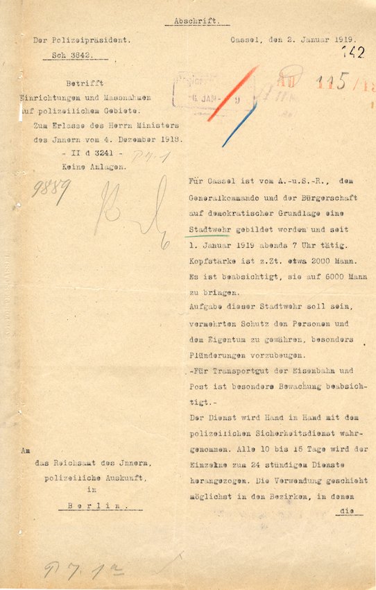 Bericht des Polizeipräsidenten in Kassel an das Reichsamt des Innern betreffend die Bildung einer Stadtwehr durch den Zentralen Arbeiter- und Soldatenrat