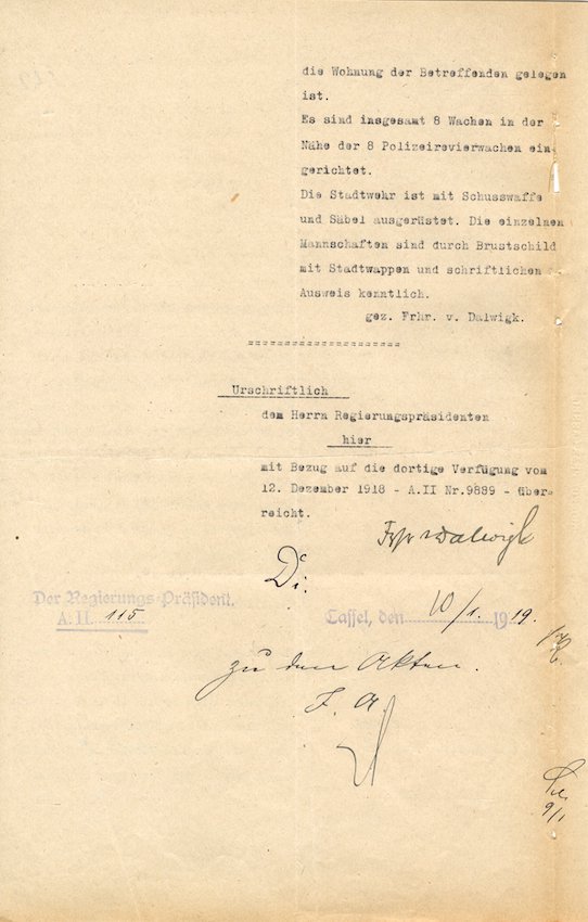 Bericht des Polizeipräsidenten in Kassel an das Reichsamt des Innern betreffend die Bildung einer Stadtwehr durch den Zentralen Arbeiter- und Soldatenrat