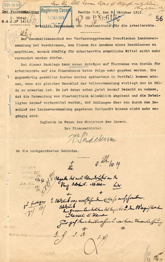 Schreiben des preußischen Finanzministers Albert Südekum an die nachgeordneten Dienststellen betreffend die Einstellung der Finanzzuwendungen an die Arbeiter- und Soldatenräte