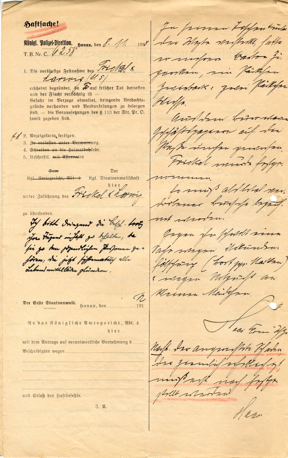 Einlieferungs-Anzeigen der Königlichen Polizei-Direktion Hanau gegen Konrad Frickel und Franz Larwig wegen Plünderung und Beteiligung an Unruhen in Hanau