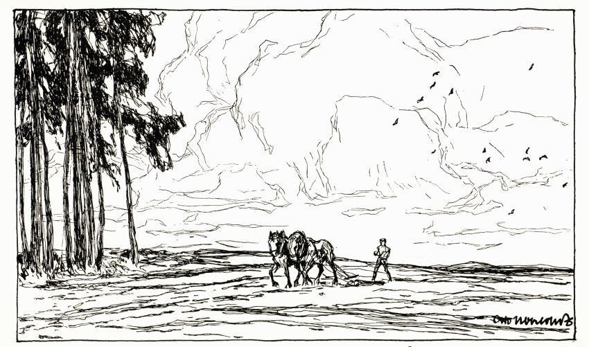 Zeichnungen: „Kornernte“ und „Feldbestellung im Frühjahr“, Otto Ubbelohde, vor 1922