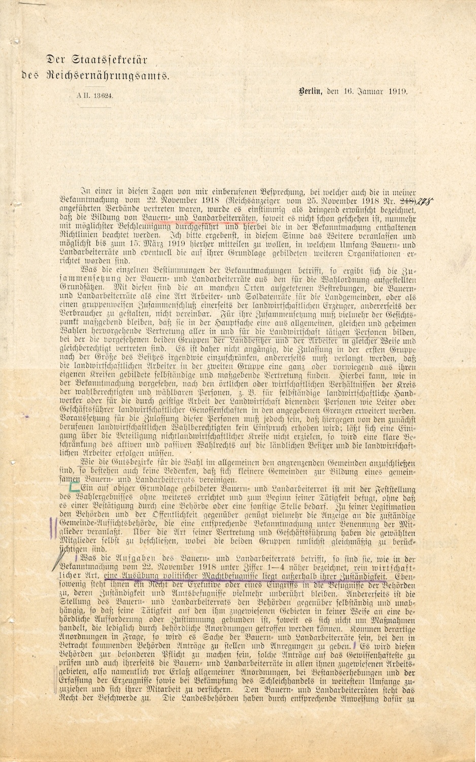 Rundschreiben des Staatssekretärs des Reichsernährungsamtes sowie des Preußischen Staatskommissars für Volksernährung an die Regierungspräsidenten bezüglich der Bildung von Bauern- und Landarbeiterräten