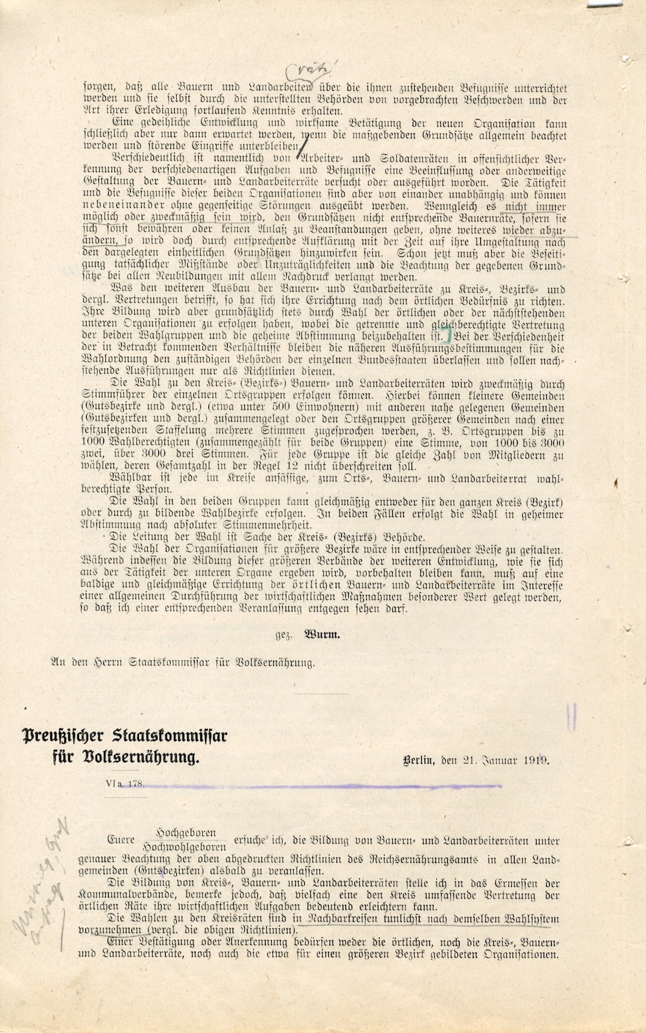 Rundschreiben des Staatssekretärs des Reichsernährungsamtes sowie des Preußischen Staatskommissars für Volksernährung an die Regierungspräsidenten bezüglich der Bildung von Bauern- und Landarbeiterräten