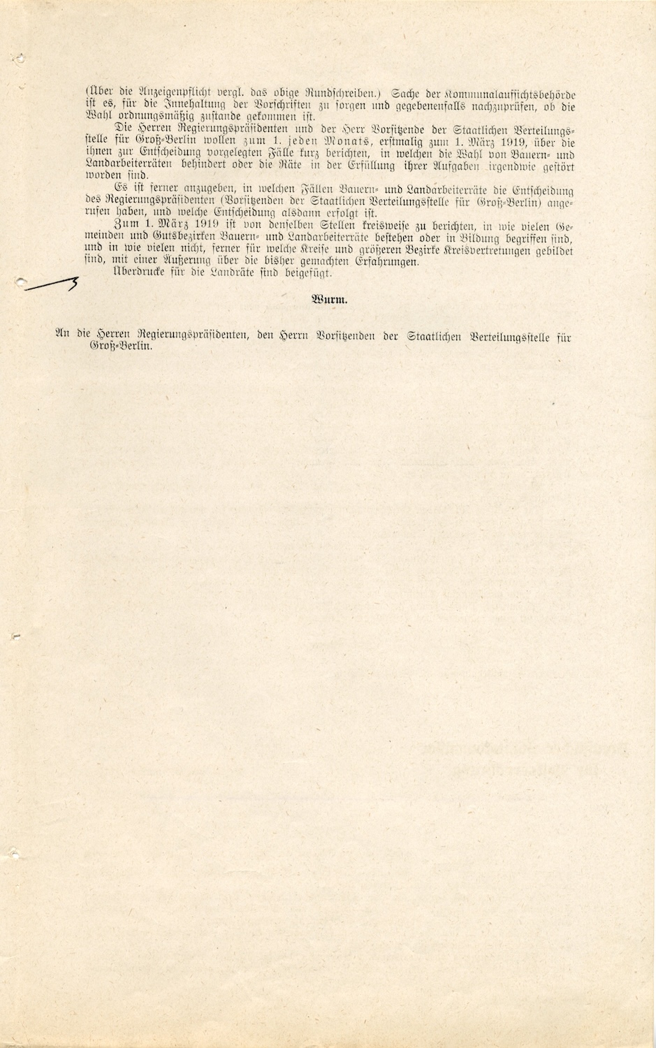 Rundschreiben des Staatssekretärs des Reichsernährungsamtes sowie des Preußischen Staatskommissars für Volksernährung an die Regierungspräsidenten bezüglich der Bildung von Bauern- und Landarbeiterräten
