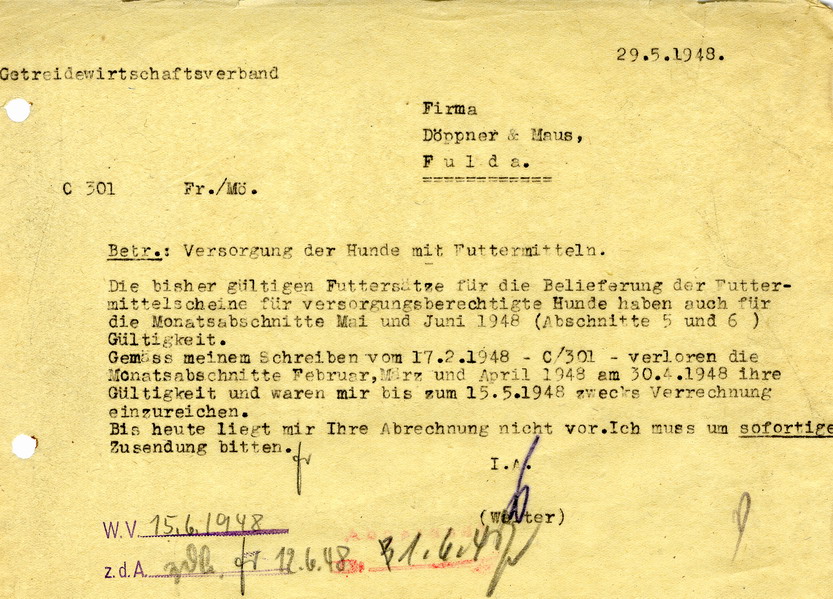 Futtermittel für versorgungsberechtigte Hunde, 14. Juni 1948