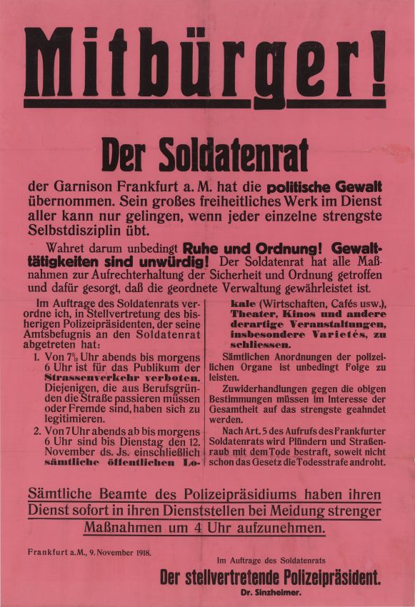 Proklamation zur Übernahme der politischen, vollziehenden Gewalt durch den Frankfurter Soldatenrat