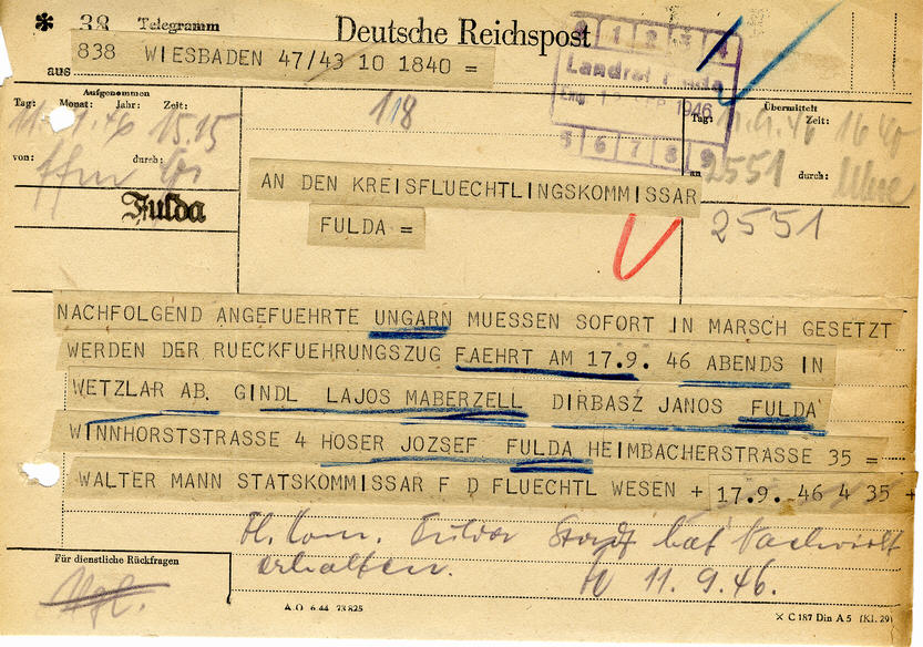 Telegramm des hessischen Staatskommissars für das Flüchtlingswesen über die Rückführung von ungarischen DPs, 17. September 1946