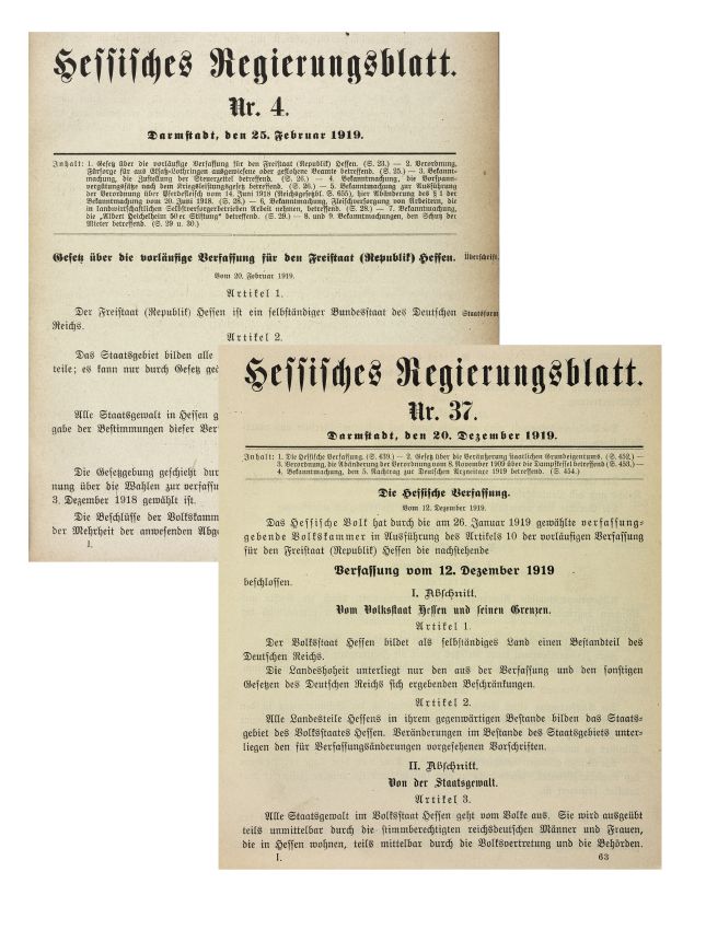 Collage: „Vorläufige Verfassung für den Freistaat (Republik) Hessen“ vom 20.2.1919 und „Die Hessische Verfassung“ vom 12.12.1919
