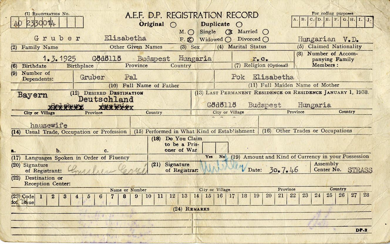 Registrierkarte einer ungarischen DP vom 30. Juli 1946