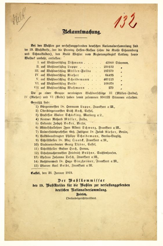 Bekanntmachung des Ergebnisses der Wahlen zur verfassunggebenden deutschen Nationalversammlung vom 19. Januar 1919 im Wahlkreis 19 (Hessen-Nassau ohne Schaumburg und Schmalkalden, Kreis Wetzlar, Freistaat Waldeck) durch den Wahlkommissar