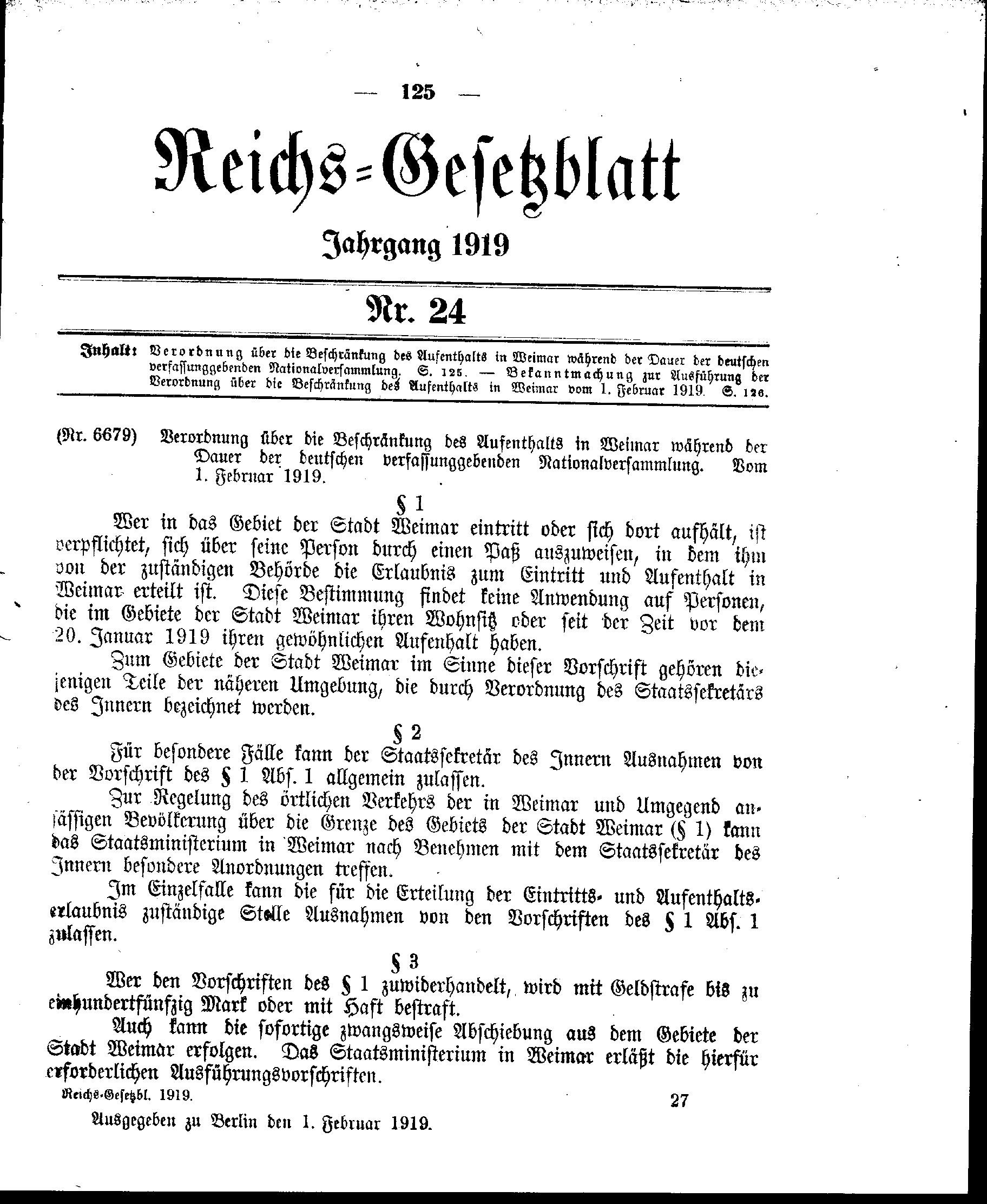 Verordnung vom 1. Februar 1919 über die Beschränkung des Aufenthalts in Weimar während der Dauer der deutschen verfassunggebenden Nationalversammlung
