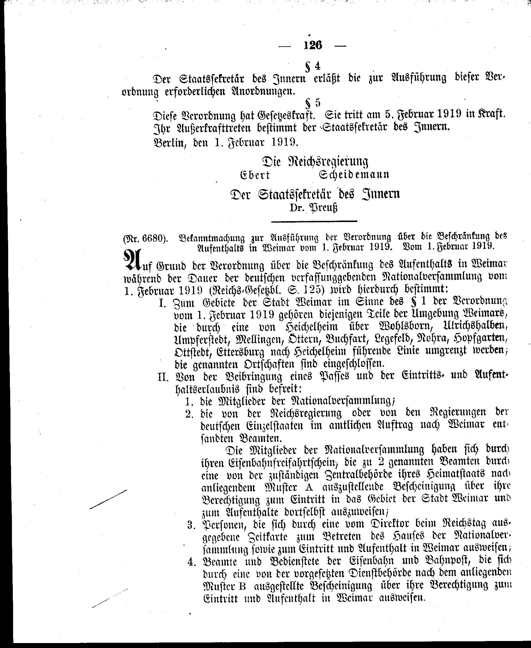 Verordnung vom 1. Februar 1919 über die Beschränkung des Aufenthalts in Weimar während der Dauer der deutschen verfassunggebenden Nationalversammlung