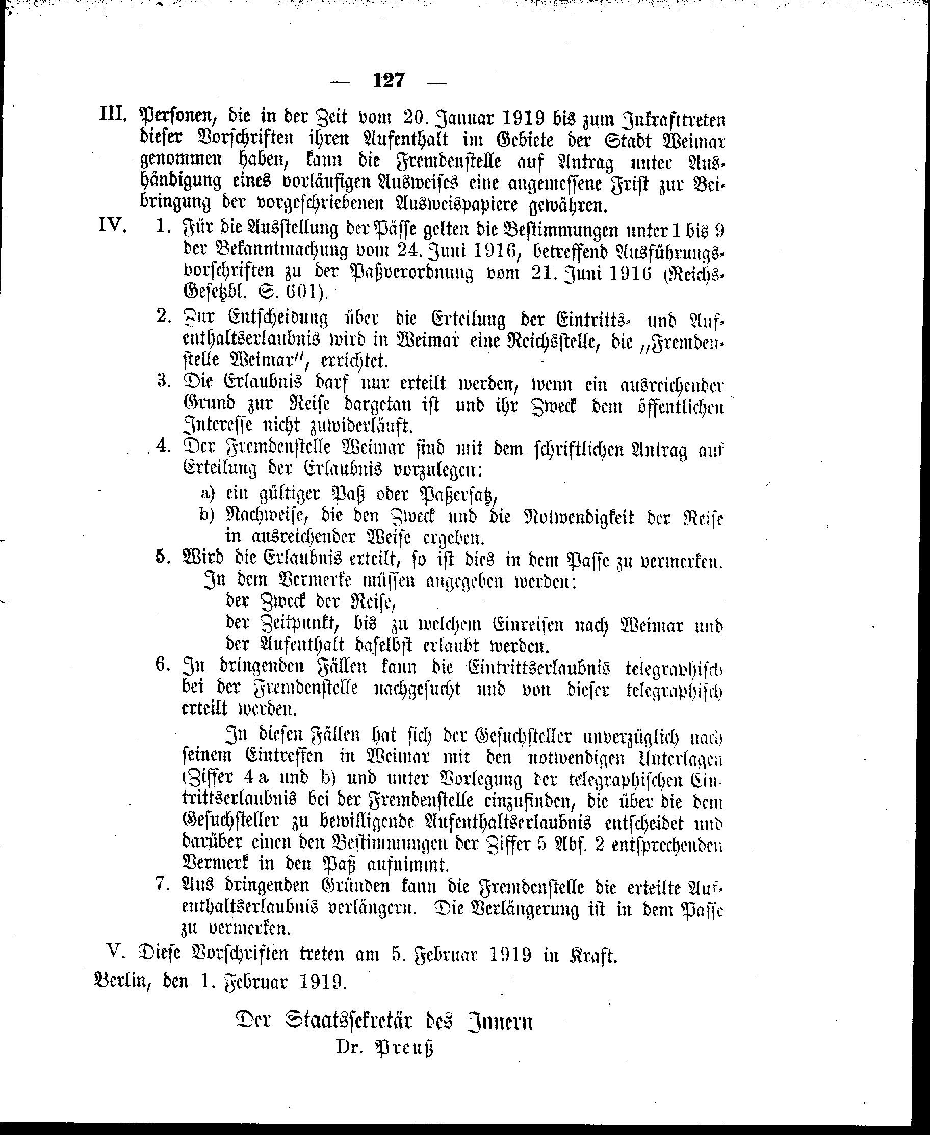 Verordnung vom 1. Februar 1919 über die Beschränkung des Aufenthalts in Weimar während der Dauer der deutschen verfassunggebenden Nationalversammlung